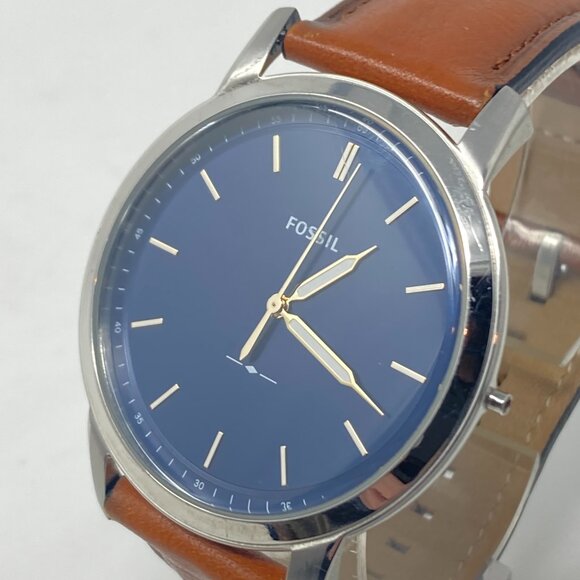 Fossil Minimalist Watch Men MISSING CROWN 44mm Silver Tone Blue Dial Leather - Picture 4 of 16